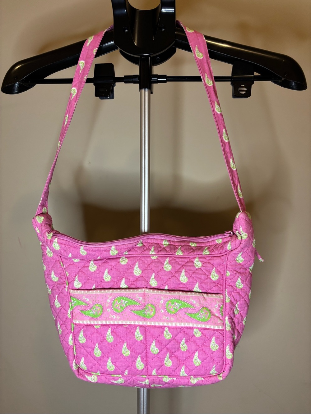 Vintage Pink Green Paisley Quilted Cotton Shoulder Bag Purse Zip Pocket